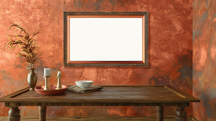 Warm family room with a copper frame mockup under a polished pine table, rich terracotta wall.