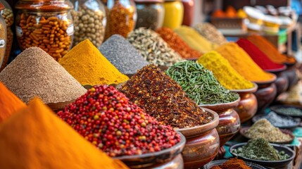 Image of a spice market stall with heaps of various colorful spices