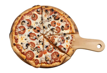 top view pizza with salami and vegetables and chesses   isolated 