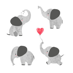 Set of cute cartoon baby elephants. Vector childish watercolor illustration