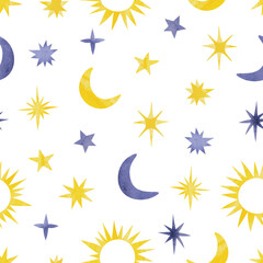 Fototapeta premium Seamless pattern with abstract watercolor stars and moon. Vector celestial background