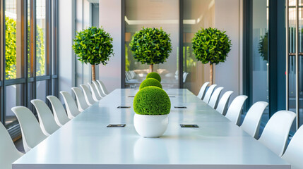 Contemporary meeting space with a long white table, 15 white chairs, and decorative green plants...