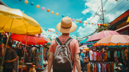 A man with a backpack navigates through a vibrant market bustling with vendors and shoppers