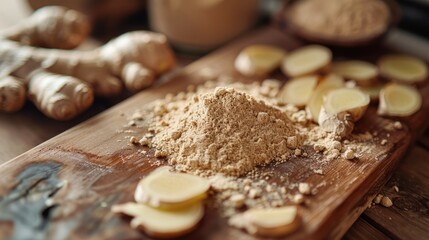 Fototapeta premium Image of fresh ginger and ground ginger powder on a wooden board