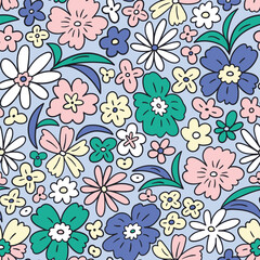 vector cute floral seamless pattern. Stylized colorful ditsy flower print. Beatufil seamless pattern design for fabric or wallpaper, wrapping paper. Simple daisy on blue background.