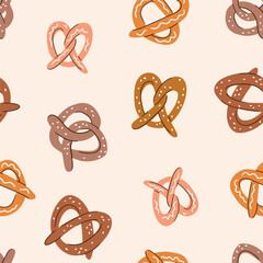 Cute pretzel seamless pattern. Vector bakery seamless print design in hand-drawn style. Stylized illustrated pretzels on light pink background. 