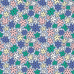 vector cute floral seamless pattern. Stylized colorful ditsy flower print. Beatufil seamless pattern design for fabric or wallpaper, wrapping paper. Simple daisy on blue background.