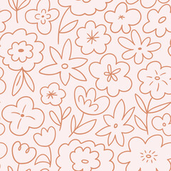 vector cute floral seamless pattern. Stylized flora in neutral color palette. Childish flower seamless pattern design for fabric or wallpaper, wrapping paper. Simple flowers on light pink background.