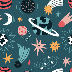 Vector space boys seamless pattern in hand-drawn style. Stars and planets on dark blue background. Stylized cosmos seamless print for fabric design © Utro na more