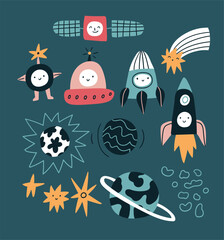 Stylish space clip art in cartoon style. Funny astronauts, planets, stars and rocket ships. Stylish hand drawn childish design elements. Space traveling illustration on dark blue background