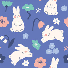 Vector cute seamless pattern with white bunny and simple stylized flowers. Easter rabbit seamless fabric design. Kids illustrated animals on blue background. Simple kawaii bunny illustration.