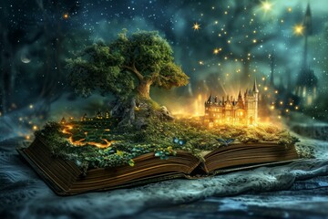 Captivating open storybook featuring a mythical tree and castle, glowing under a starry sky