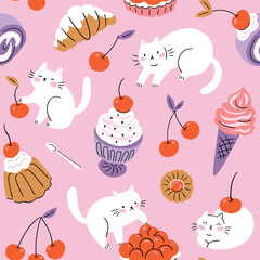 Vector cute food seamless pattern design. Stylized cakes, cats and cherry on light pink  background. Vector fruit and bakery seamless texture. Dessert illustrated print in hand-drawn style.