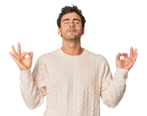 Young Hispanic man in studio relaxes after hard working day, she is performing yoga.