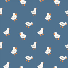 White goose on blue background. Animal seamless pattern. Vector simple print. Funny childish bird design for kids wallpaper, fabric or wrapping paper. Cute animal texture.