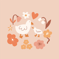 Vector cute greeting card design with white gooses and simple stylized flowers. Spring animal poster design. Mother day  illustration on pink background. Simple love illustration.