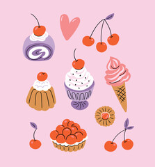Vector cute dessert set. Stylized cakes, ice cream and cherry isolated on light pink  background. Vector fruit and bakery illustration. Dessert illustrated card in hand-drawn style.