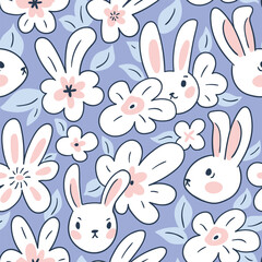 Vector cute seamless pattern with white bunny and simple stylized flowers. Easter rabbit seamless fabric design. Kids illustrated animals on blue background. Simple kawaii bunny illustration.