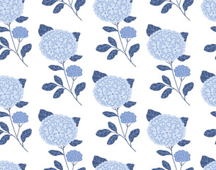 Blue hydrangea seamless pattern in hand-drawn style. Stylized flowers on white background. Hydrangea illustration in hand-drawn style. Elegance wedding seamless pattern. Botanical endless print