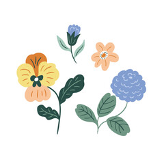 Vector stylized flower set isolated on white background. Floral design elements. Illustration of pansies, bell, chrysanthemum in hand-drawn style. Flower collection.