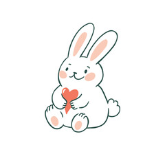 Vector cute rabbit illustration. White bunny with heart isolated on white background. Stylized funny bunny for Easter or Valentines day. Greeting card design with animal.