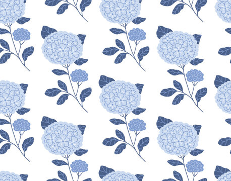 Blue hydrangea seamless pattern in hand-drawn style. Stylized flowers on white background. Hydrangea illustration in hand-drawn style. Elegance wedding seamless pattern. Botanical endless print