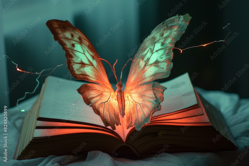Poster enchanting image of a glowing butterfly with light effects emerging from an open book