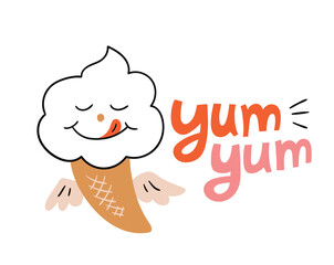 Vector hand drawn ice cream card with lettring - yum yum. Tasty ice-cream concept for gelateria shop.  Enjoy concept illustration. 