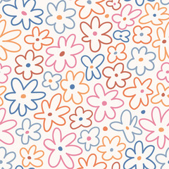 vector cute floral seamless pattern. Stylized colorful flowers. Childish ditsy seamless pattern design for fabric or wallpaper, wrapping paper. Simple daisy on light background.