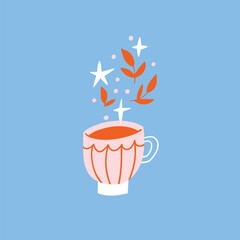 Tea time hand drawn illustration. A cup of tea isolated on blue background. Matcha tea in a cup and stars. Vector illustration.