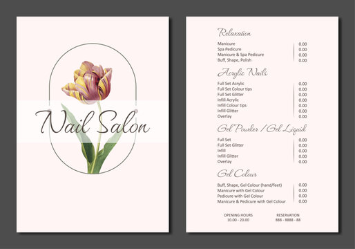 Vector Illustration sticker business card for nail salon decorated with botanical art texture with pricelist and special offer. A4 printable template