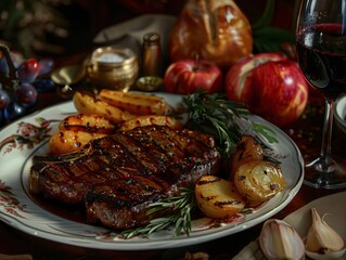 An appetizing steak dinner is showcased on an exquisite table setting, accompanied by an assortment of delectable side dishes and polished silver cutlery, evoking a sense of luxury and fine dining.