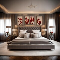 Imagine a bedroom for a newly married couple with a grey bed and sofas as the central theme