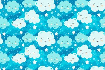 Cute clouds and stars on a blue background create a seamless pattern, perfect for adorable and whimsical children's decoration.