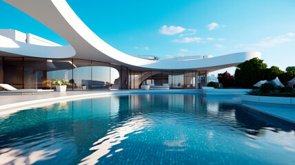 A modern luxury superior white hotel pool and swimming pool on a sunny day