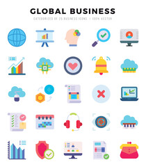 Global Business Flat icons collection. 25 icon set. Vector illustration.