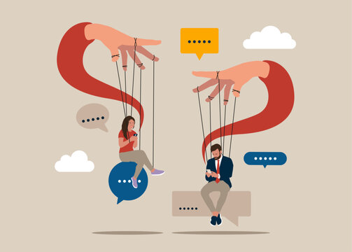 Smartphone addiction. Modern lifestyle. SMM, Internet notification. Social media network ads and internet. Businessman and young woman on text bubble. Flat vector illustration