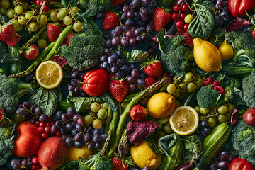A bountiful array of fruits and vegetables create a colorful seamless pattern, ideal for vibrant and healthy food-themed decorations. The rich details make it perfect for fresh and organic concepts.