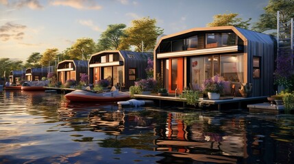 Fototapeta premium A photo of Houseboat Homes Harmonizing with the river
