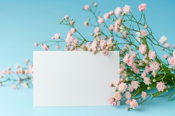 bunch of little lovely flower on white empty paper card over blue background for making card in mother's day, wedding invitation, anniversary or filling in special occasion
