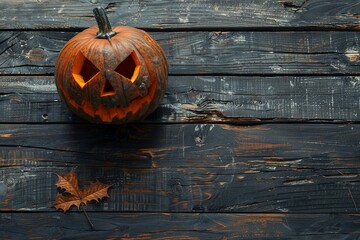 Copy space Halloween pumpkin on rustic dark wood background. Seasonal ambiance