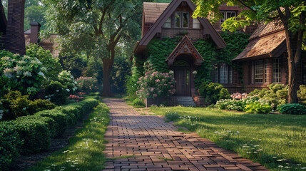 A Craftsman house with a brick-lined walkway leading to an arched entryway, the bricks' texture...