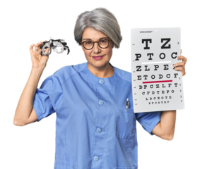 Middle-aged Caucasian female ophthalmologist with vision tools