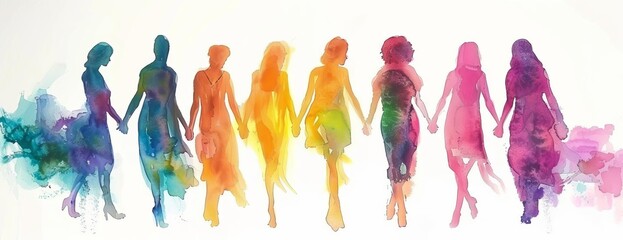 A watercolor painting of a group of diverse women holding hands, representing unity and sisterhood. The women are depicted in various colors, symbolizing equality and inclusion.
