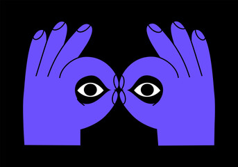 Hand drawn cute cartoon illustration binoculars hand gesture with eyes. Flat vector searching or watching arm sign sticker doodle style. Discover or explore icon. Searching for opportunity. Isolated.