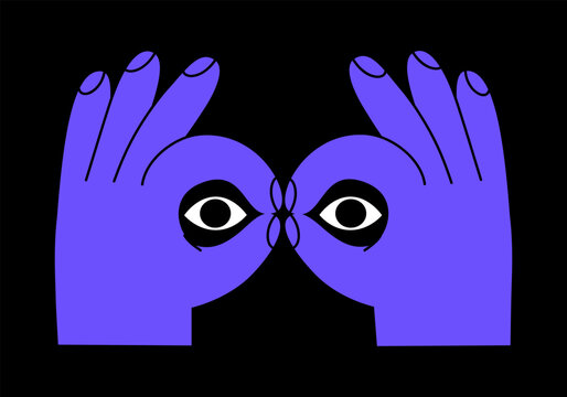 Hand drawn cute cartoon illustration binoculars hand gesture with eyes. Flat vector searching or watching arm sign sticker doodle style. Discover or explore icon. Searching for opportunity. Isolated.