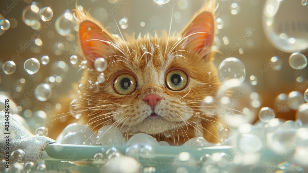 Poster A fat cat sitting in a bathtub filled with bubbles, looking around with wide eyes, creating a humorous and cute scene