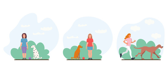 Set of women and dog. playing with their pets. Vector Illustrations. take care a pet