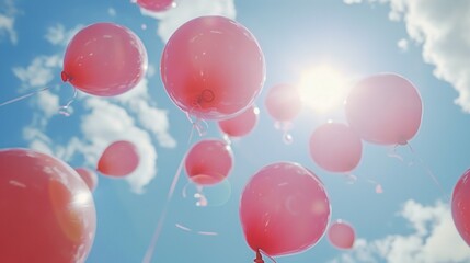red balloons background blue sky, sunny day, spring, summer

