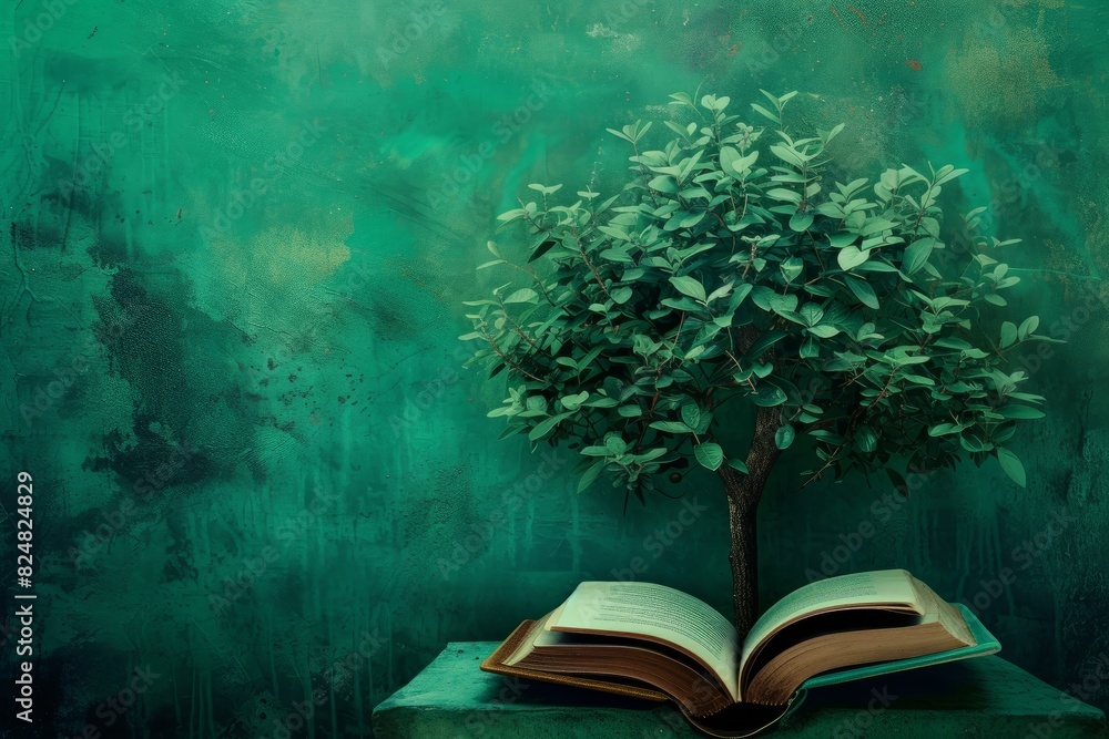 Poster mystical image of a flourishing tree growing from an open book on a textured green background